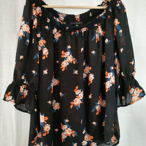 Large - Top / Blouse - Black with orange floral